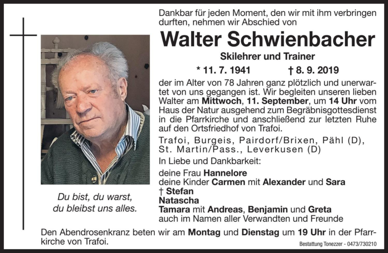  Traueranzeige für Walter Schwienbacher vom 09.09.2019 aus Dolomiten