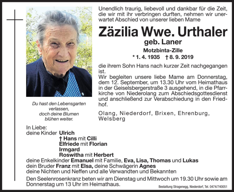  Traueranzeige für Zäzilia Urthaler vom 10.09.2019 aus Dolomiten