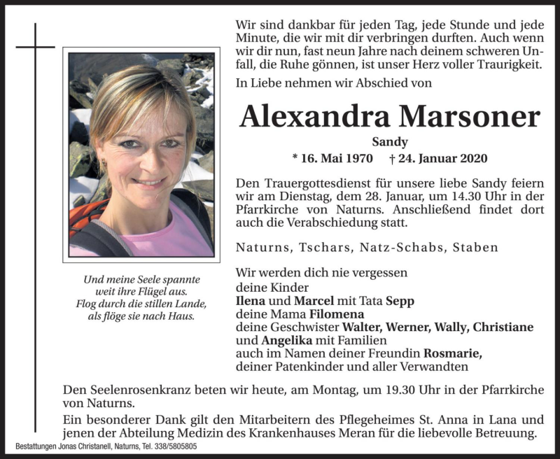  Traueranzeige für Alexandra Marsoner vom 27.01.2020 aus Dolomiten