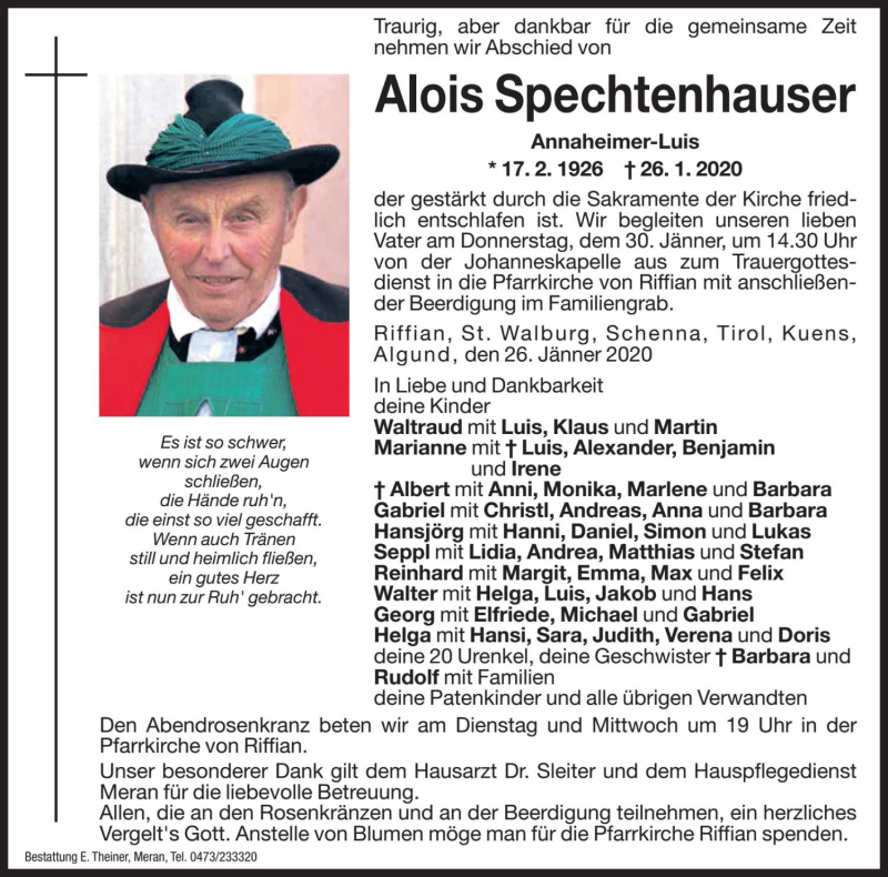  Traueranzeige für Alois Spechtenhauser vom 28.01.2020 aus Dolomiten