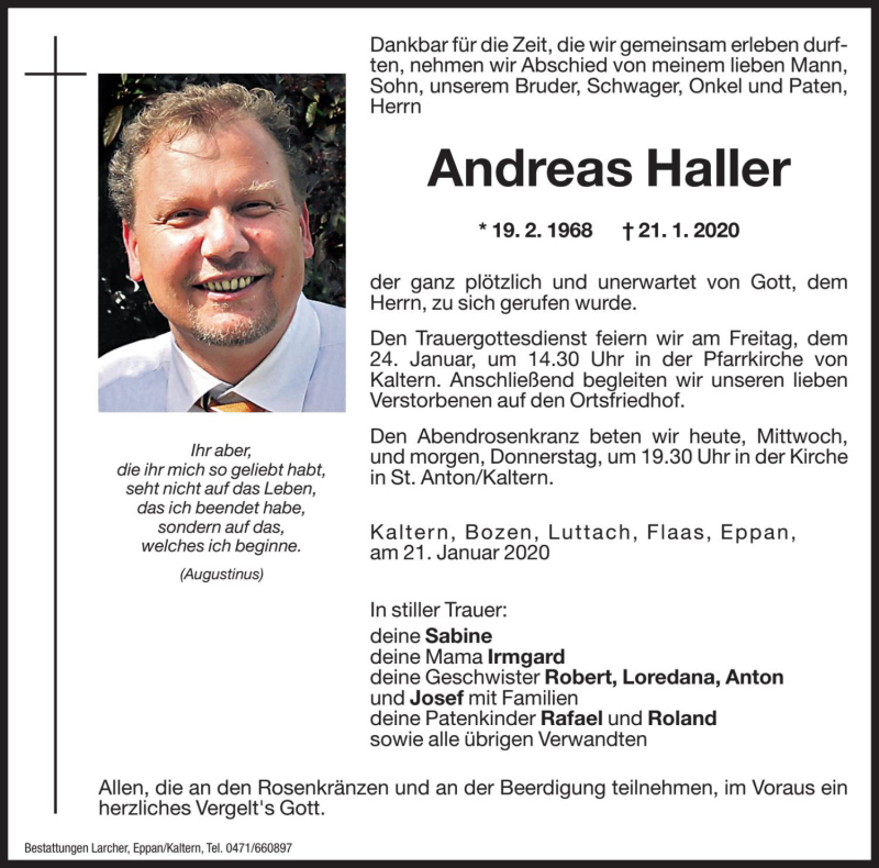  Traueranzeige für Andreas Haller vom 22.01.2020 aus Dolomiten