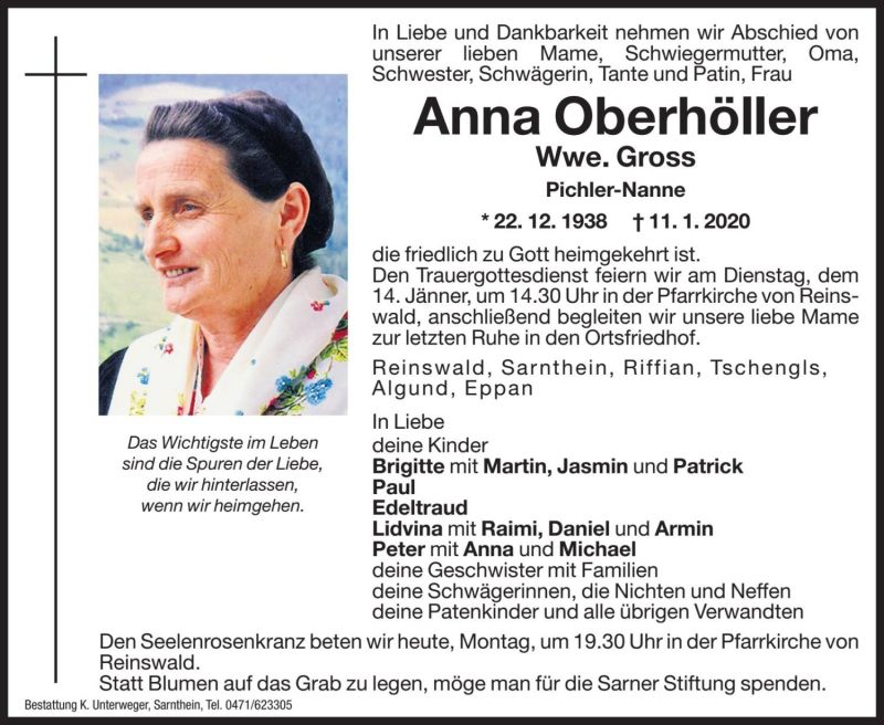  Traueranzeige für Anna Gross vom 13.01.2020 aus Dolomiten