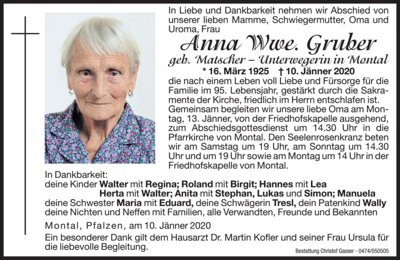  Traueranzeige für Anna Gruber vom 11.01.2020 aus Dolomiten