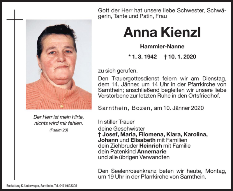  Traueranzeige für Anna Kienzl vom 13.01.2020 aus Dolomiten