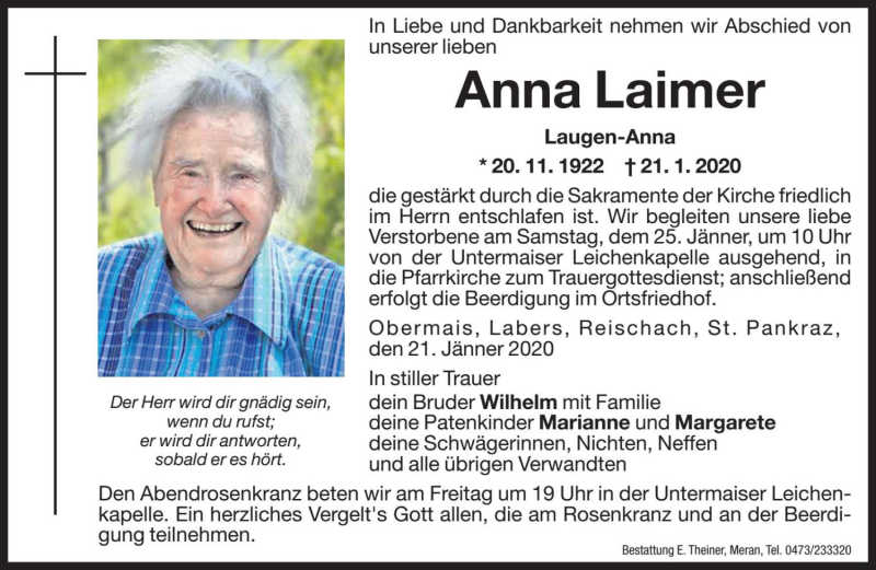  Traueranzeige für Anna Laimer vom 24.01.2020 aus Dolomiten