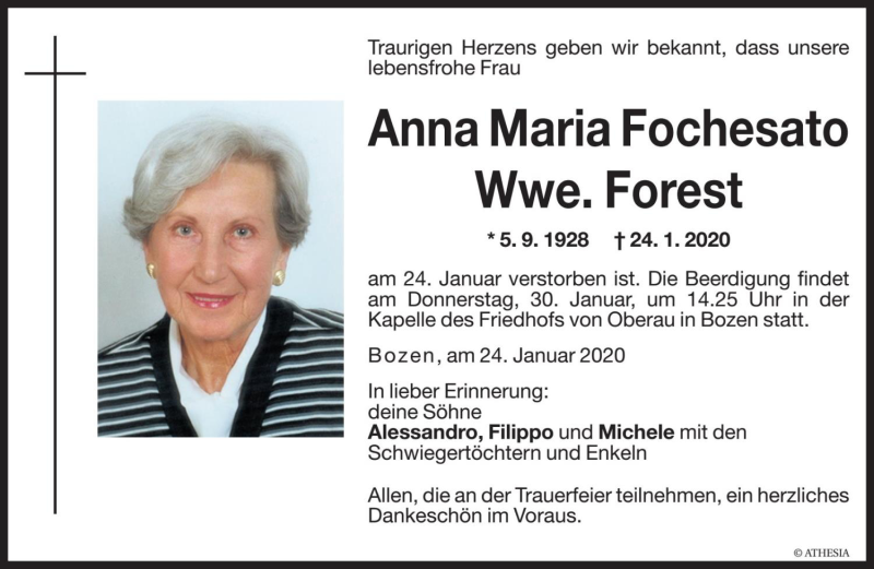  Traueranzeige für Anna Maria Forest vom 28.01.2020 aus Dolomiten