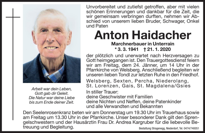  Traueranzeige für Anton Haidacher vom 23.01.2020 aus Dolomiten