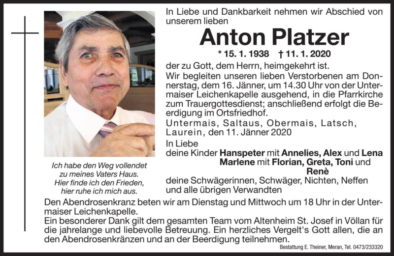  Traueranzeige für Anton Platzer vom 13.01.2020 aus Dolomiten