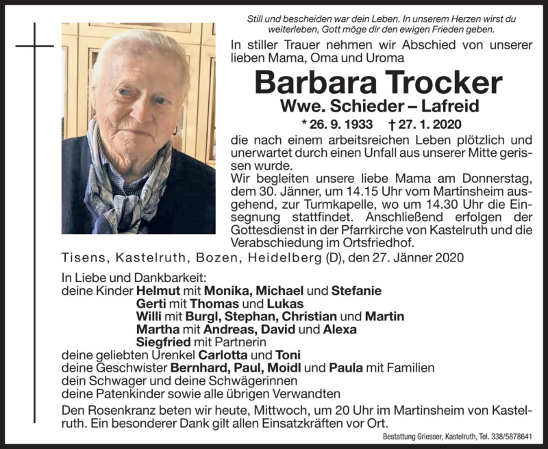  Traueranzeige für Barbara Schieder vom 29.01.2020 aus Dolomiten