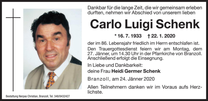  Traueranzeige für Carlo Luigi Schenk vom 25.01.2020 aus Dolomiten