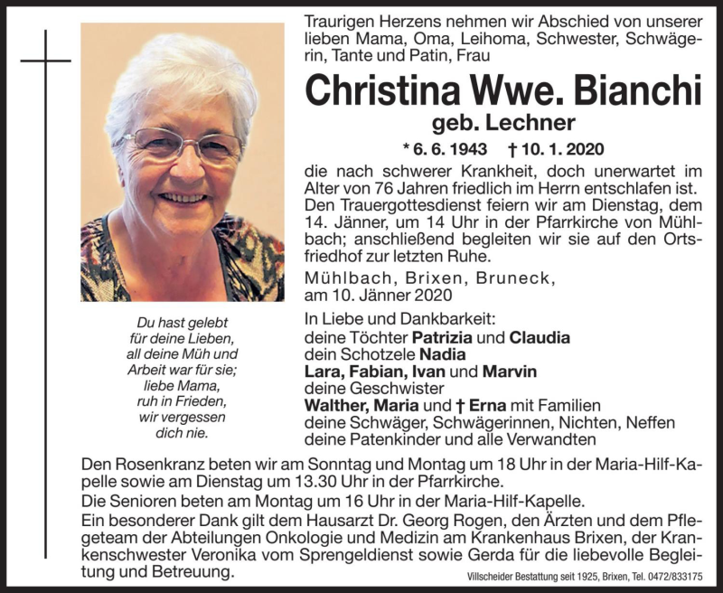  Traueranzeige für Christina Bianchi vom 11.01.2020 aus Dolomiten