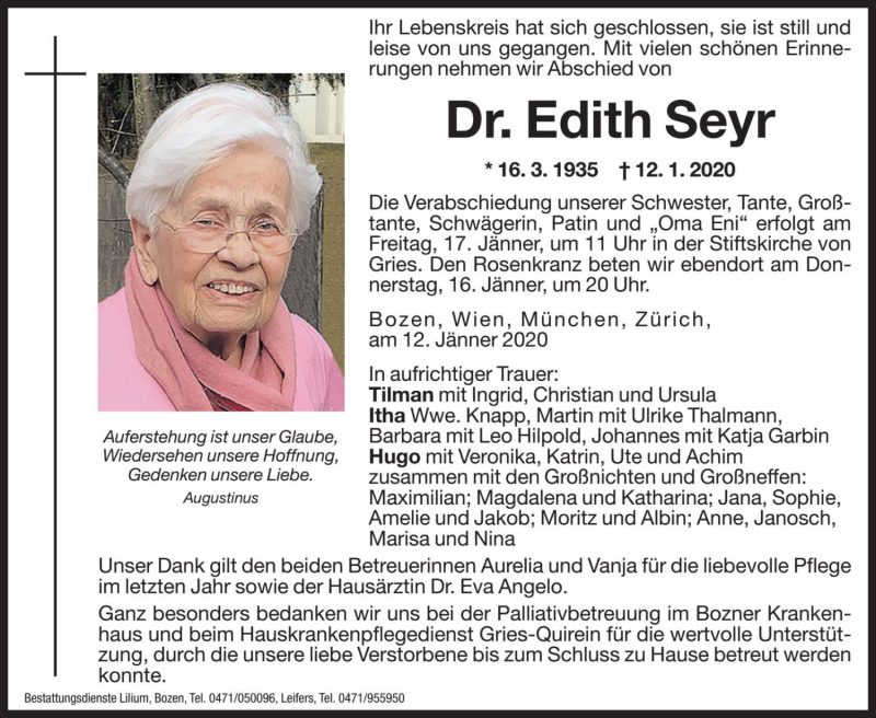  Traueranzeige für Edith Seyr vom 14.01.2020 aus Dolomiten