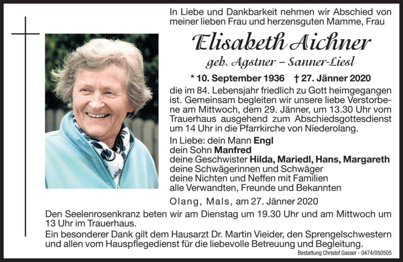  Traueranzeige für Elisabeth Aichner vom 28.01.2020 aus Dolomiten