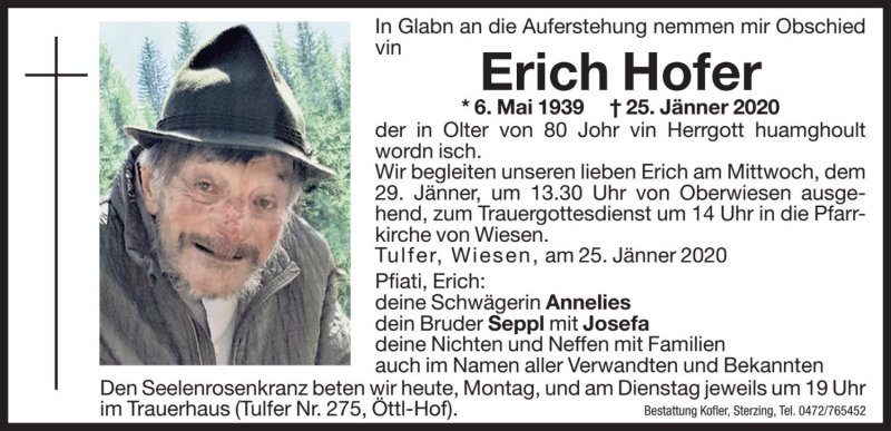  Traueranzeige für Erich Hofer vom 27.01.2020 aus Dolomiten