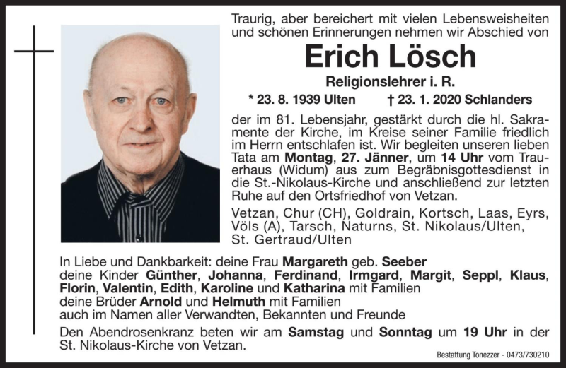  Traueranzeige für Erich Lösch vom 25.01.2020 aus Dolomiten