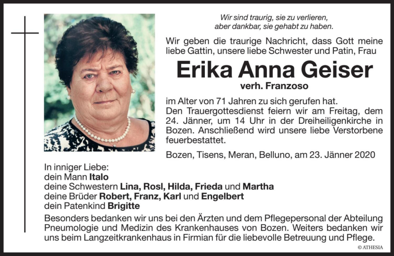  Traueranzeige für Erika Anna Franzoso vom 23.01.2020 aus Dolomiten