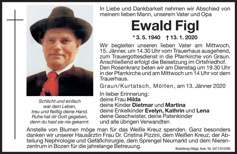  Traueranzeige für Ewald Figl vom 14.01.2020 aus Dolomiten