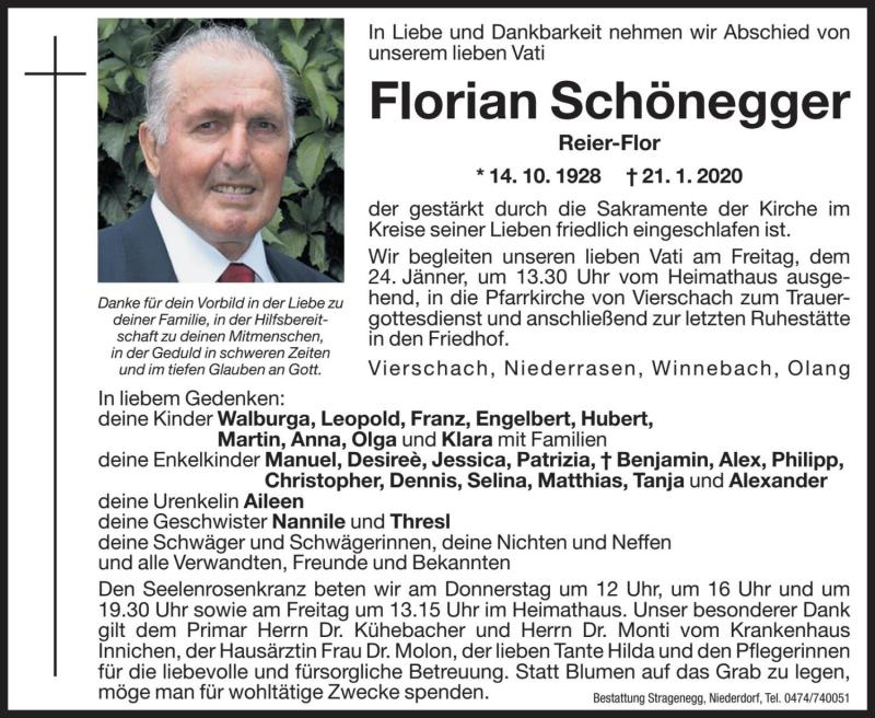  Traueranzeige für Florian Schönegger vom 23.01.2020 aus Dolomiten