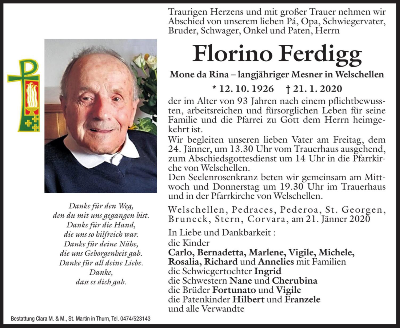  Traueranzeige für Florino Ferdigg vom 22.01.2020 aus Dolomiten