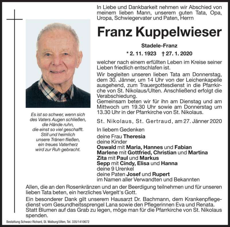  Traueranzeige für Franz Kuppelwieser vom 28.01.2020 aus Dolomiten