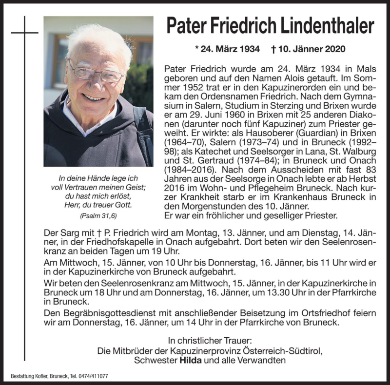  Traueranzeige für Friedrich Lindenthaler vom 13.01.2020 aus Dolomiten