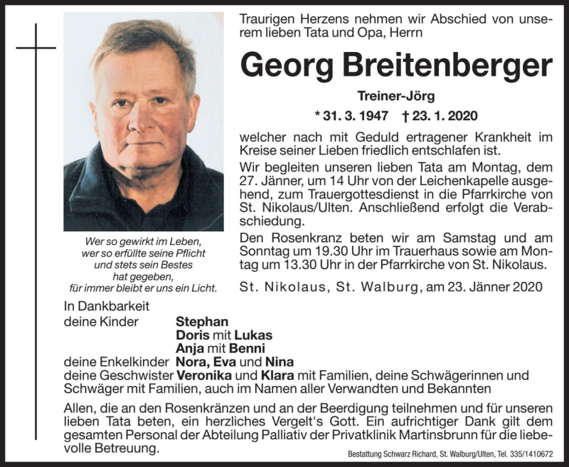  Traueranzeige für Georg Breitenberger vom 25.01.2020 aus Dolomiten