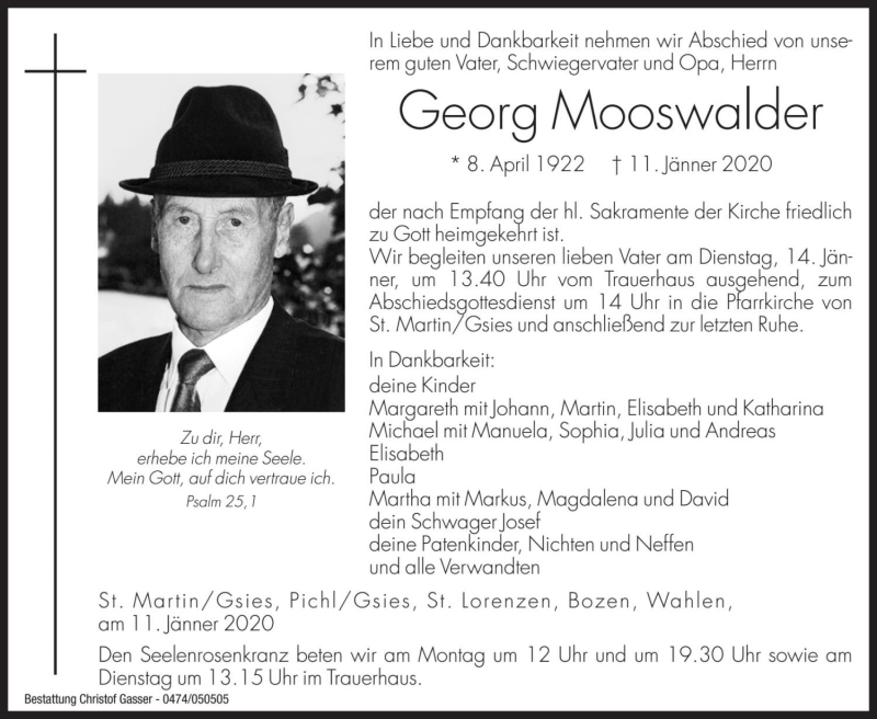  Traueranzeige für Georg Mooswalder vom 13.01.2020 aus Dolomiten