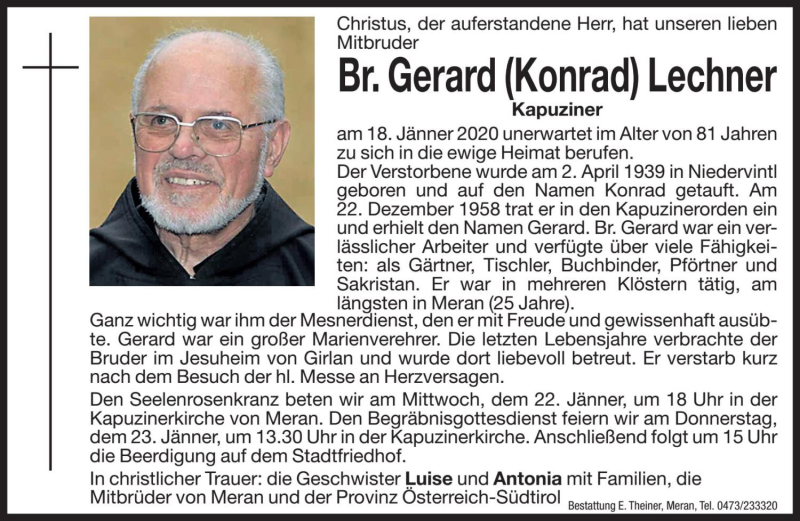  Traueranzeige für Gerard Konrad Lechner vom 21.01.2020 aus Dolomiten