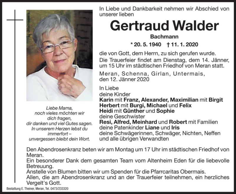  Traueranzeige für Gertraud Walder vom 13.01.2020 aus Dolomiten
