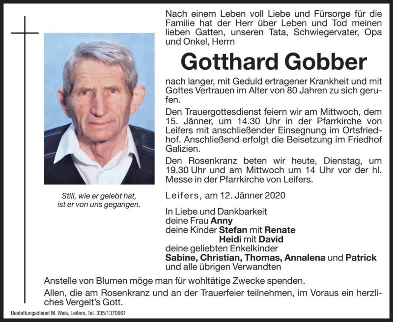 Traueranzeige für Gotthard Gobber vom 14.01.2020 aus Dolomiten