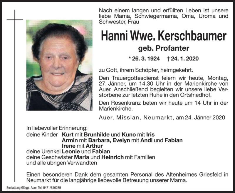  Traueranzeige für Hanni Kerschbaumer  vom 27.01.2020 aus Dolomiten