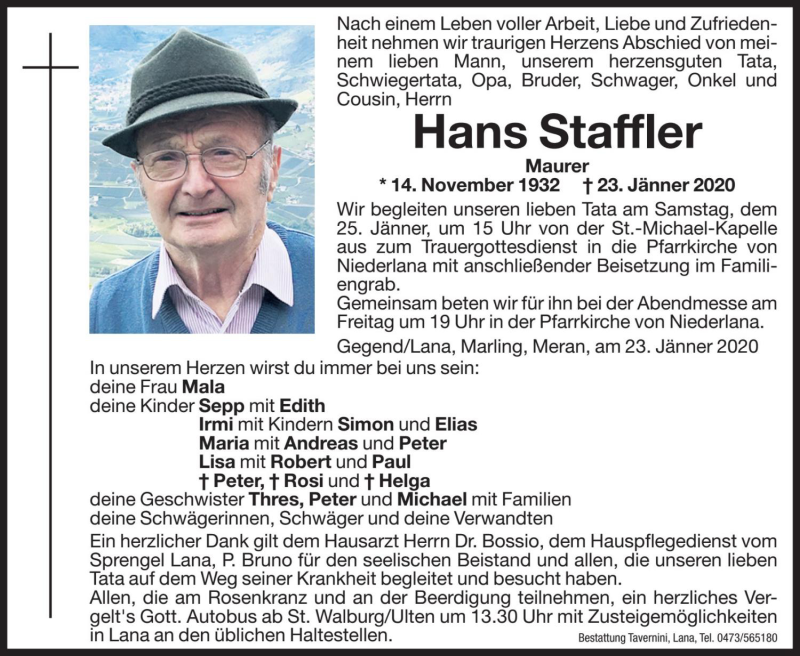  Traueranzeige für Hans Staffler vom 24.01.2020 aus Dolomiten