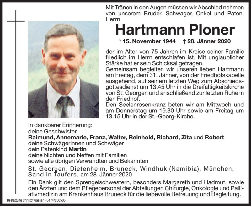 Traueranzeige für Hartmann Ploner vom 29.01.2020 aus Dolomiten