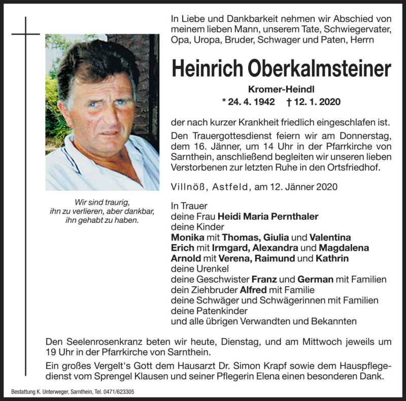  Traueranzeige für Heinrich Oberkalmsteiner vom 14.01.2020 aus Dolomiten