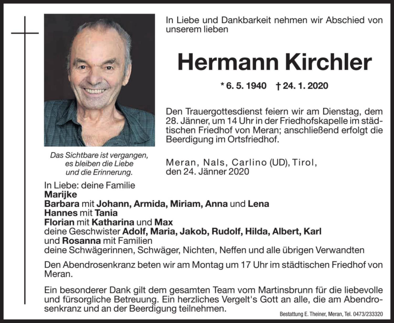  Traueranzeige für Hermann Kirchler vom 25.01.2020 aus Dolomiten