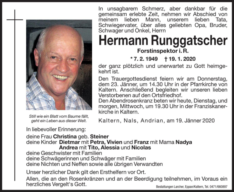  Traueranzeige für Hermann Runggatscher vom 21.01.2020 aus Dolomiten