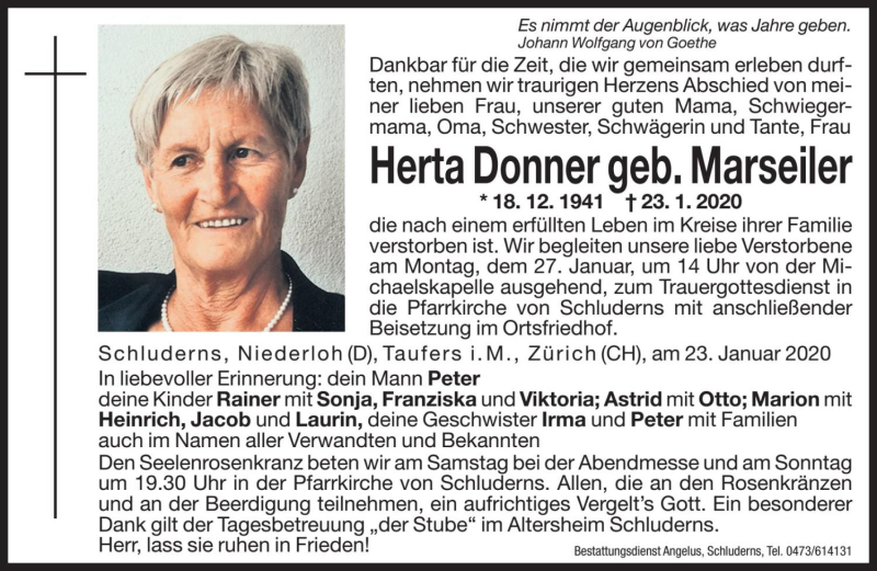  Traueranzeige für Herta Donner vom 25.01.2020 aus Dolomiten