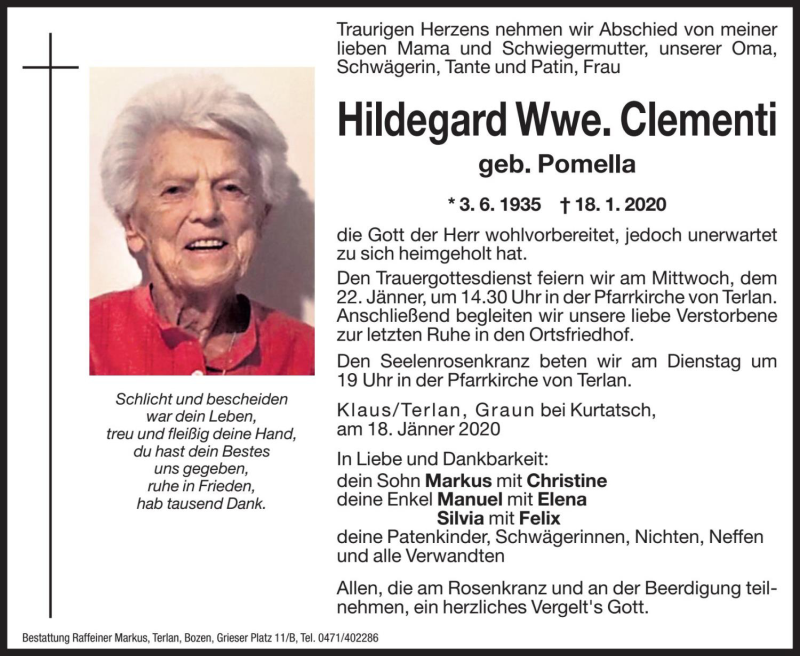  Traueranzeige für Hildegard Clementi vom 20.01.2020 aus Dolomiten