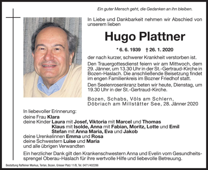  Traueranzeige für Hugo Plattner vom 28.01.2020 aus Dolomiten