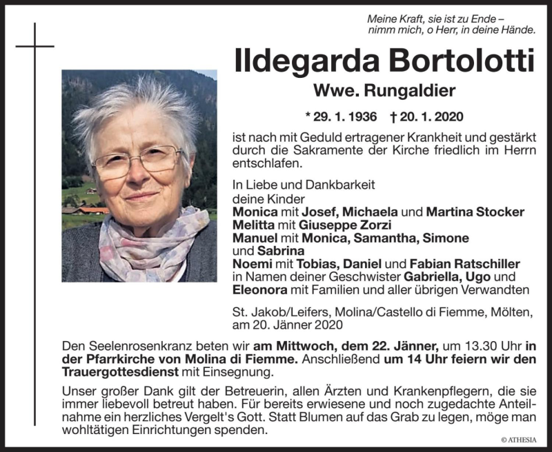  Traueranzeige für Ildegarda Rungaldier vom 22.01.2020 aus Dolomiten