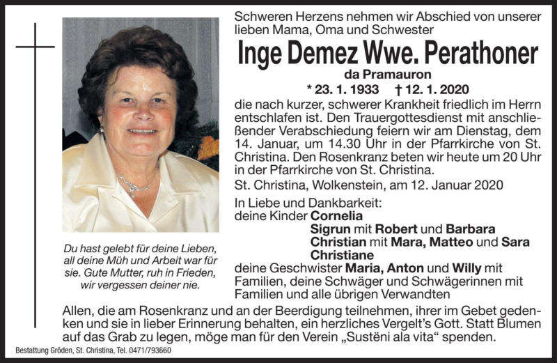  Traueranzeige für Inge Perathoner vom 13.01.2020 aus Dolomiten