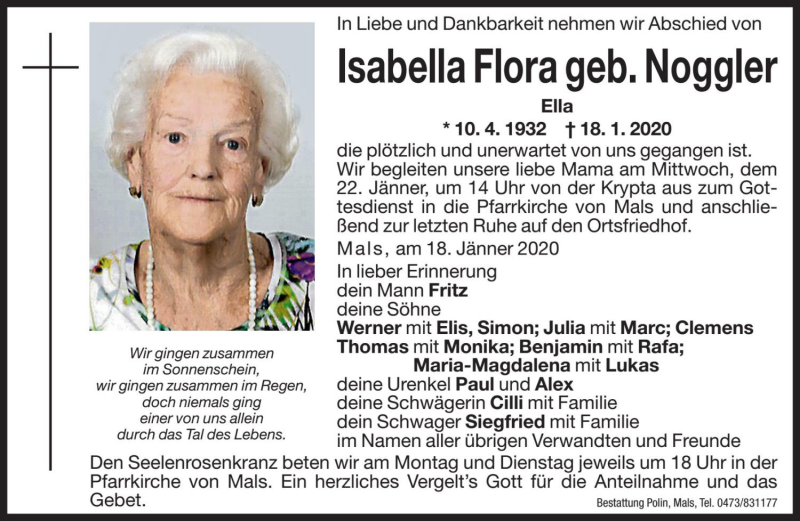  Traueranzeige für Isabella Flora vom 20.01.2020 aus Dolomiten