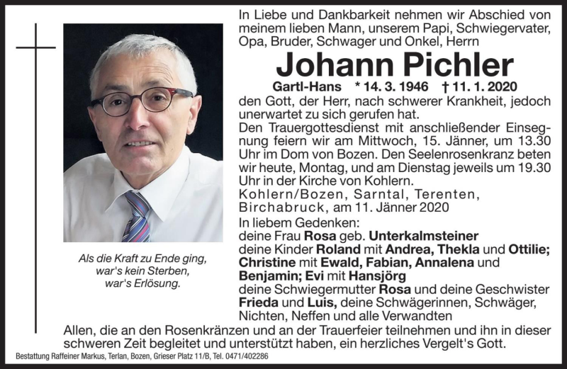  Traueranzeige für Johann Pichler vom 13.01.2020 aus Dolomiten