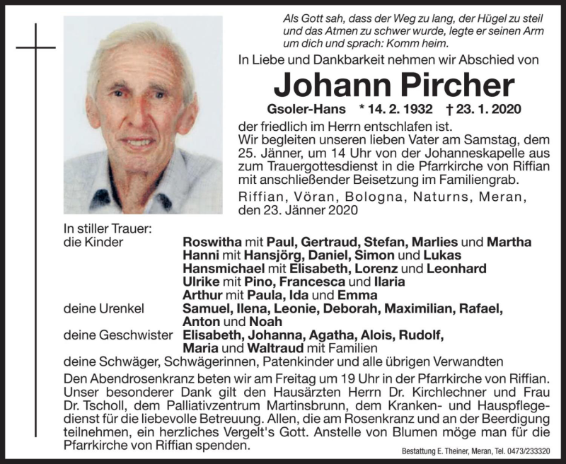  Traueranzeige für Johann Pircher vom 24.01.2020 aus Dolomiten