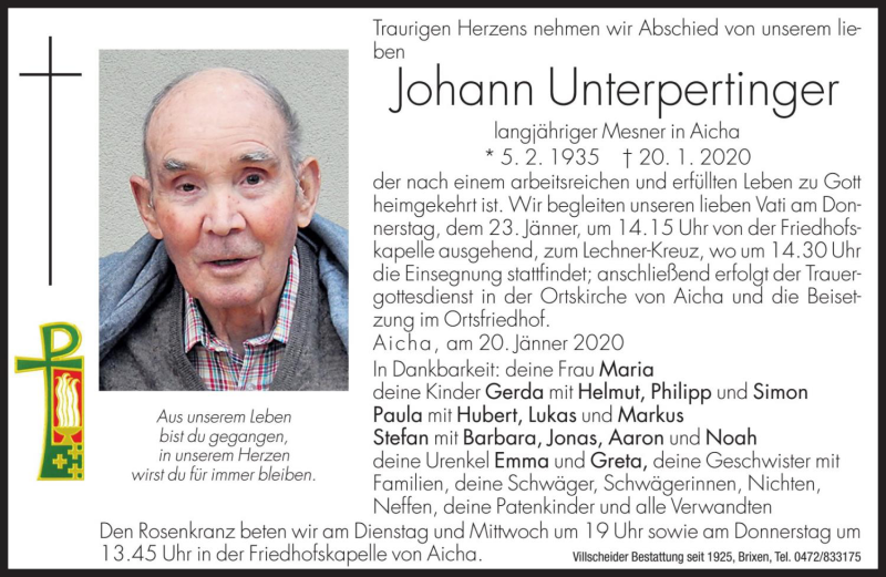  Traueranzeige für Johann Unterpertinger vom 21.01.2020 aus Dolomiten