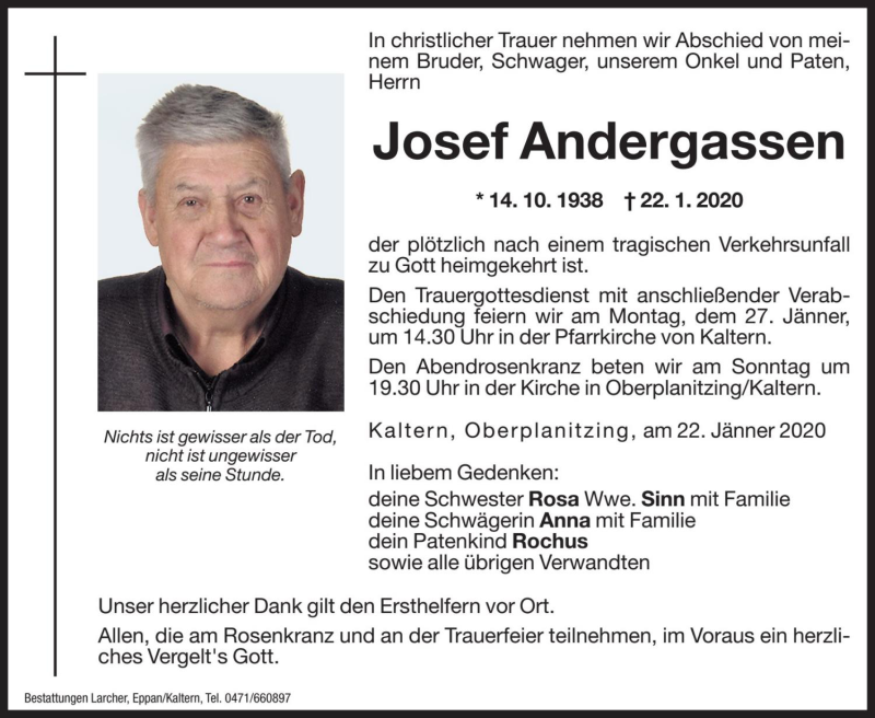  Traueranzeige für Josef Andergassen vom 25.01.2020 aus Dolomiten