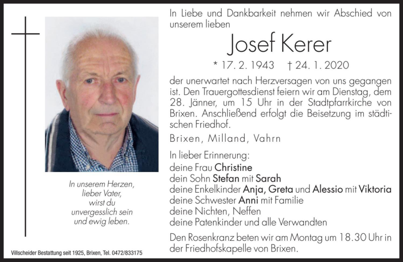  Traueranzeige für Josef Kerer vom 27.01.2020 aus Dolomiten