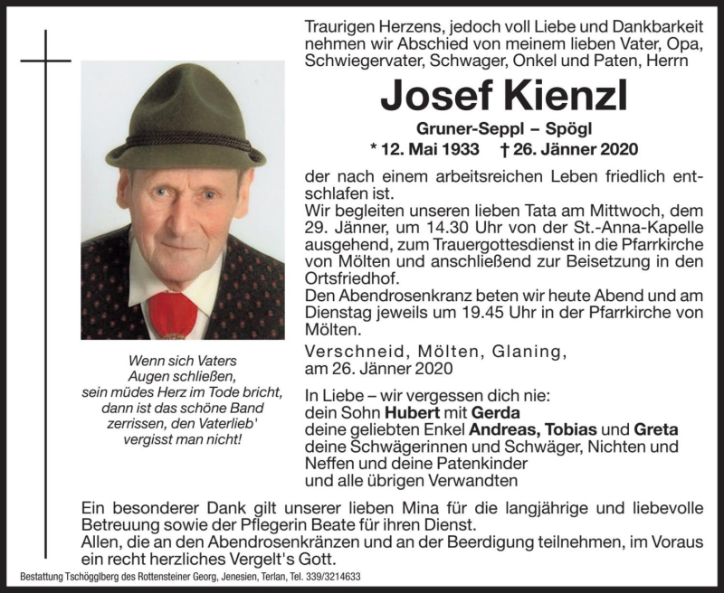  Traueranzeige für Josef Kienzl vom 27.01.2020 aus Dolomiten