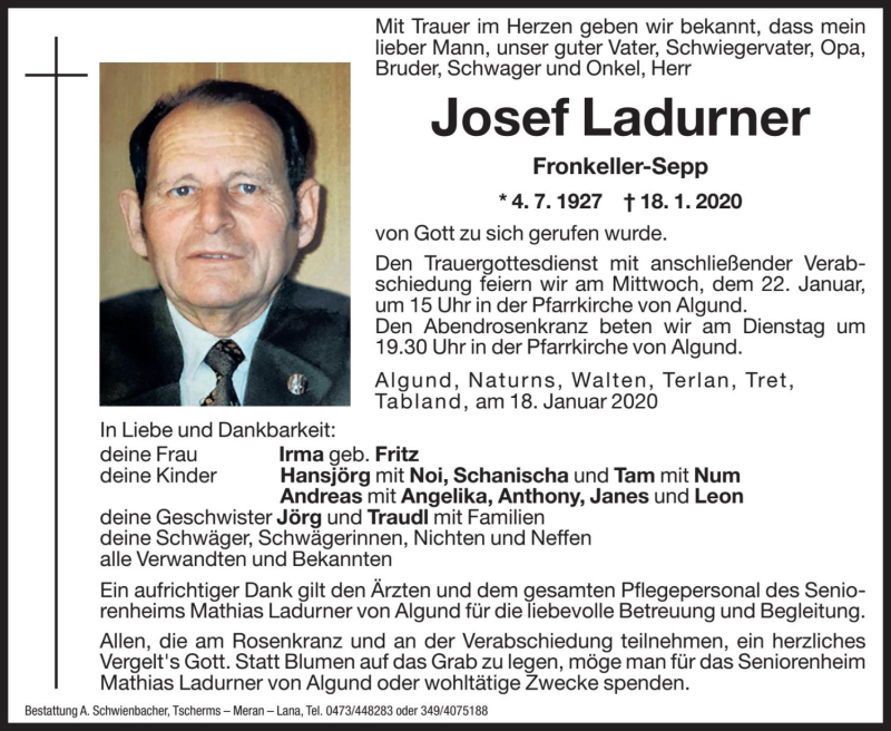  Traueranzeige für Josef Ladurner vom 20.01.2020 aus Dolomiten
