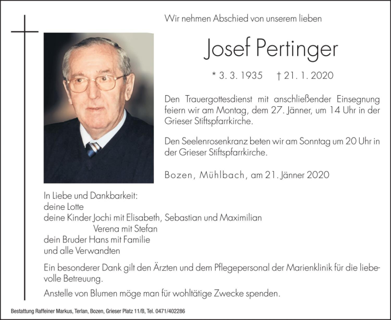  Traueranzeige für Josef Pertinger vom 24.01.2020 aus Dolomiten